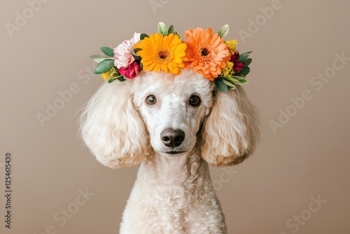 Poodle wearing floral crown, showcasing charming expression. This adorable dog st s out its fluffy fur flowers, creating delightful heartwarming scene photo