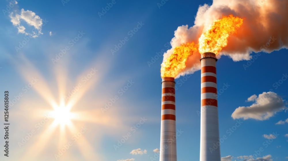 Fototapeta premium Smokestacks at energy refinery facility emitting thick plumes of smoke and greenhouse gas emissions into the bright blue sky with sun rays shining through