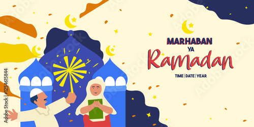 Hand drawn illustration of the Islamic greeting Marhaban ya Ramadhan