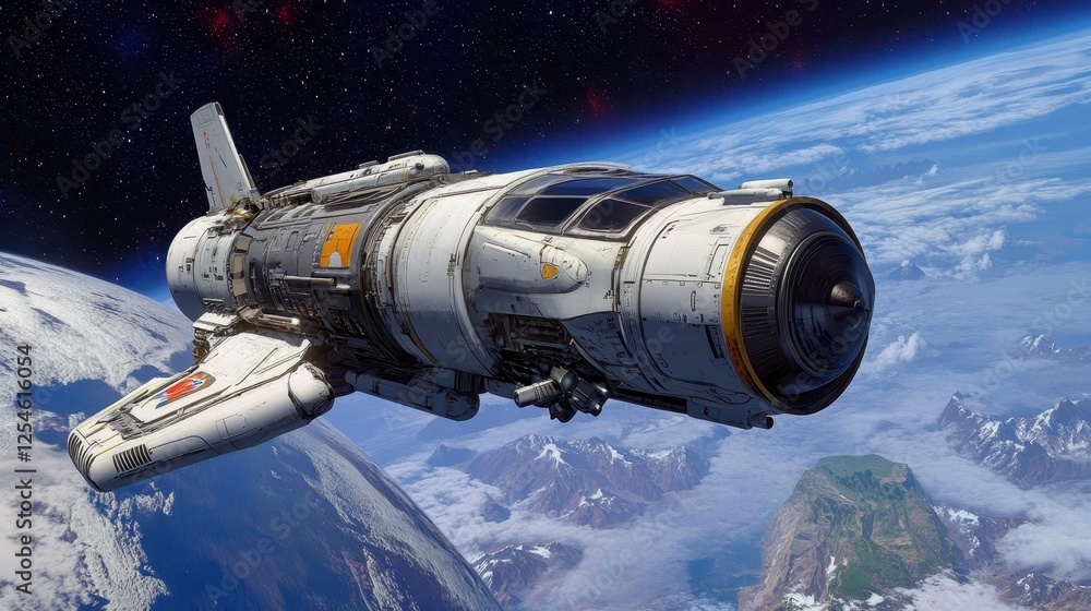 Obraz premium Pixelated spacecraft in orbit above a stylized planet with mountains and clouds, against a starry background