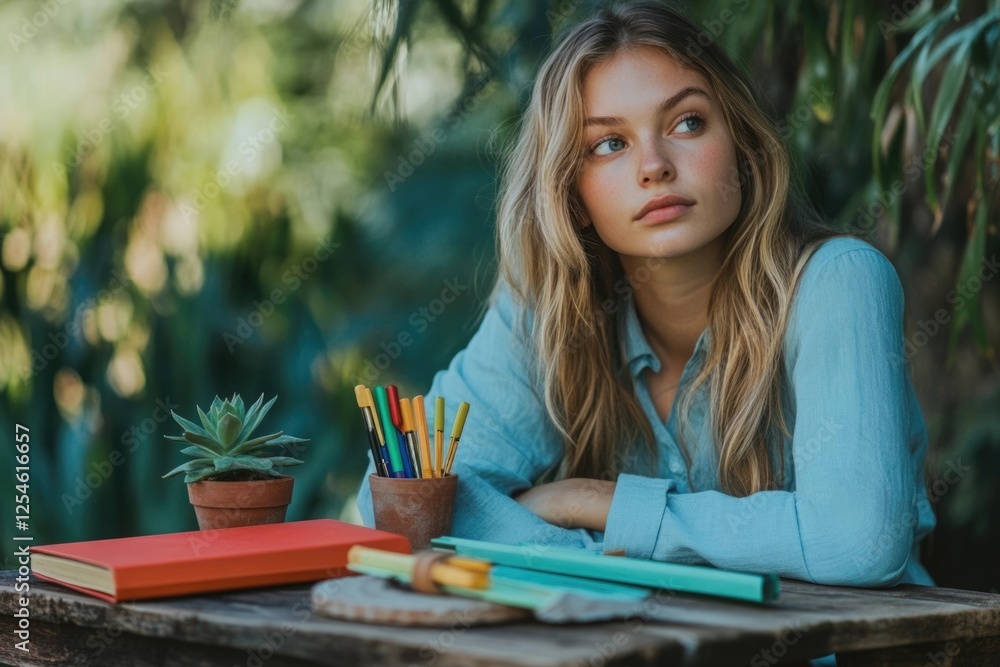 Young woman sits at a wooden table outdoors, lost in thought amidst colorful pens, a notebook, and a succulent plant. Young woman sits at a wooden table outdoors, lost in thought amidst colorful pens, a notebook, and a succulent plant.