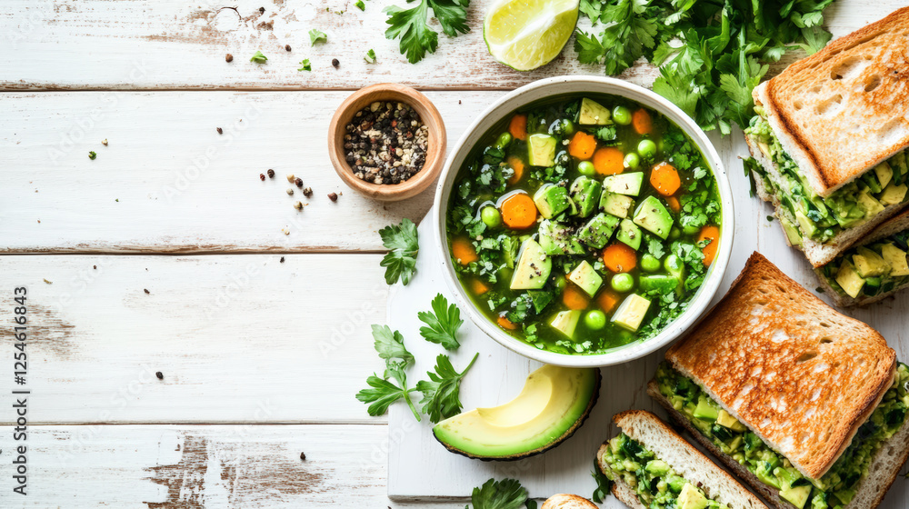 rustic flat lay of steaming bowl of vegetable soup with fresh ingredients, including avocado, herbs, and toasted bread, creating vibrant and healthy meal rustic flat lay of steaming bowl of vegetable soup with fresh ingredients, including avocado, herbs, and toasted bread, creating vibrant and healthy meal