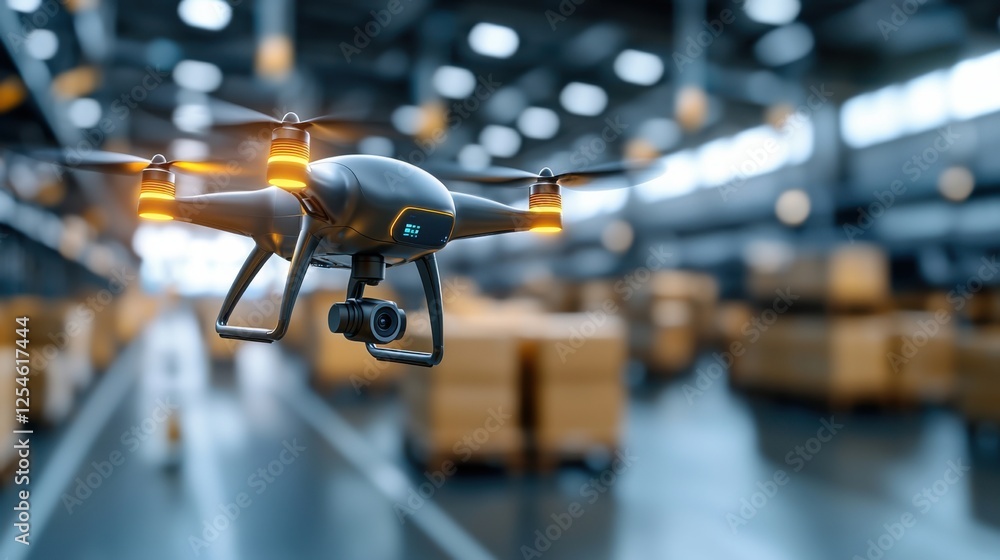 Sleek and ultra modern smart warehouse featuring advanced automation robotic logistics and aerial drone monitoring for efficient cargo storage and distribution Sleek and ultra modern smart warehouse featuring advanced automation robotic logistics and aerial drone monitoring for efficient cargo storage and distribution