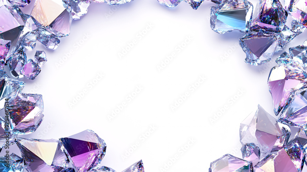 purple and blue iridescent crystal gems frame on white background purple and blue iridescent crystal gems frame on white background