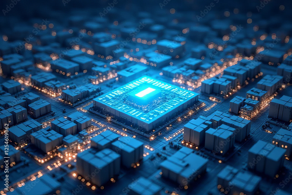 Futuristic cityscape with glowing microchip, technology, and urban lights Futuristic cityscape with glowing microchip, technology, and urban lights