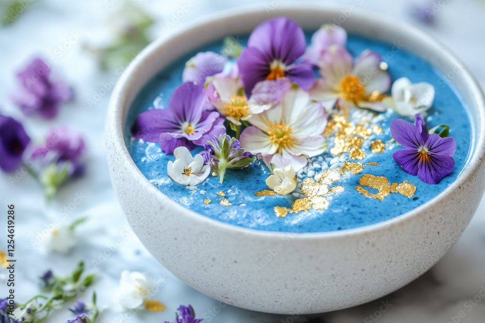 Antioxidant-rich blue smoothie bowl with edible flowers and gold leaf Antioxidant-rich blue smoothie bowl with edible flowers and gold leaf