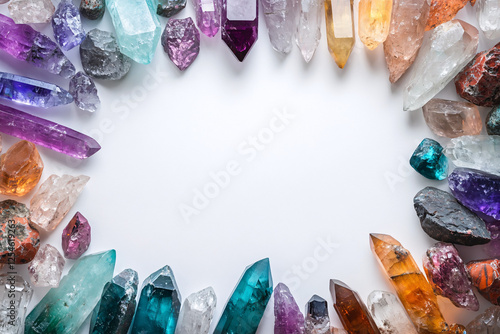 colorful crystal gems frame white background with copy space for text  textured stones minerals jewelry craft design template