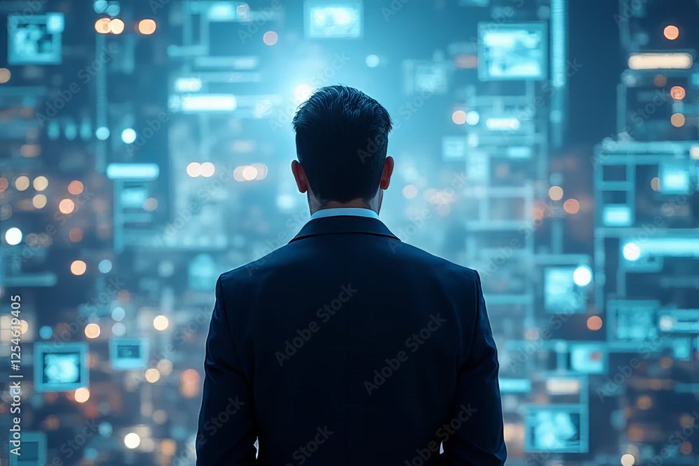 man in suit stands in front of digital display, contemplating data