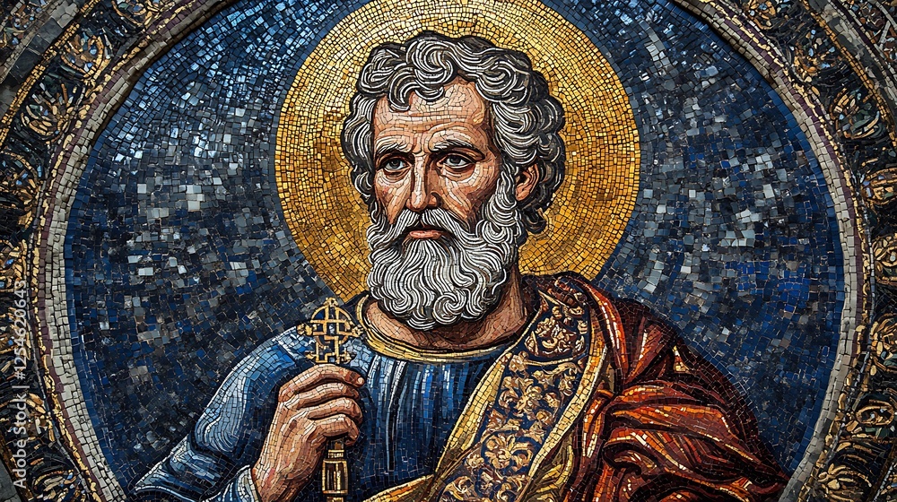 Fototapeta premium A breathtaking Byzantine-style mosaic of Saint Peter, standing with authority, holding the keys to heaven in his hands, intricate tesserae forming a radiant golden halo,