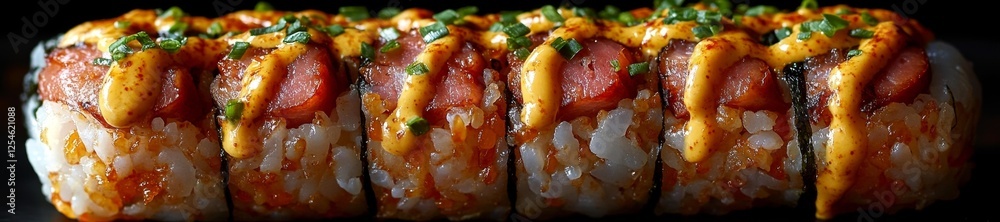 Close-up of sushi rolls with grilled fish and spicy sauce. Generative AI Close-up of sushi rolls with grilled fish and spicy sauce. Generative AI
