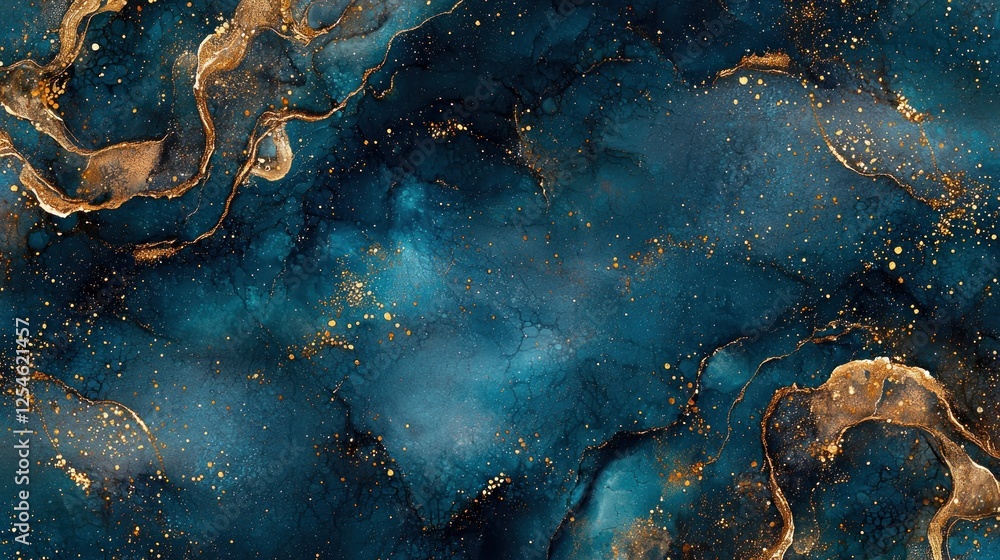 Fototapeta premium Abstract Celestial Marble: Deep Teal and Gold Swirls
