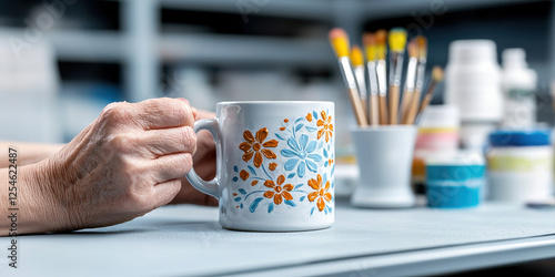 Fototapeta Naklejka Na Ścianę i Meble -  Craftsman Handmade Craft Concept, A hand holds a beautifully painted mug, surrounded by art supplies in a creative workspace.