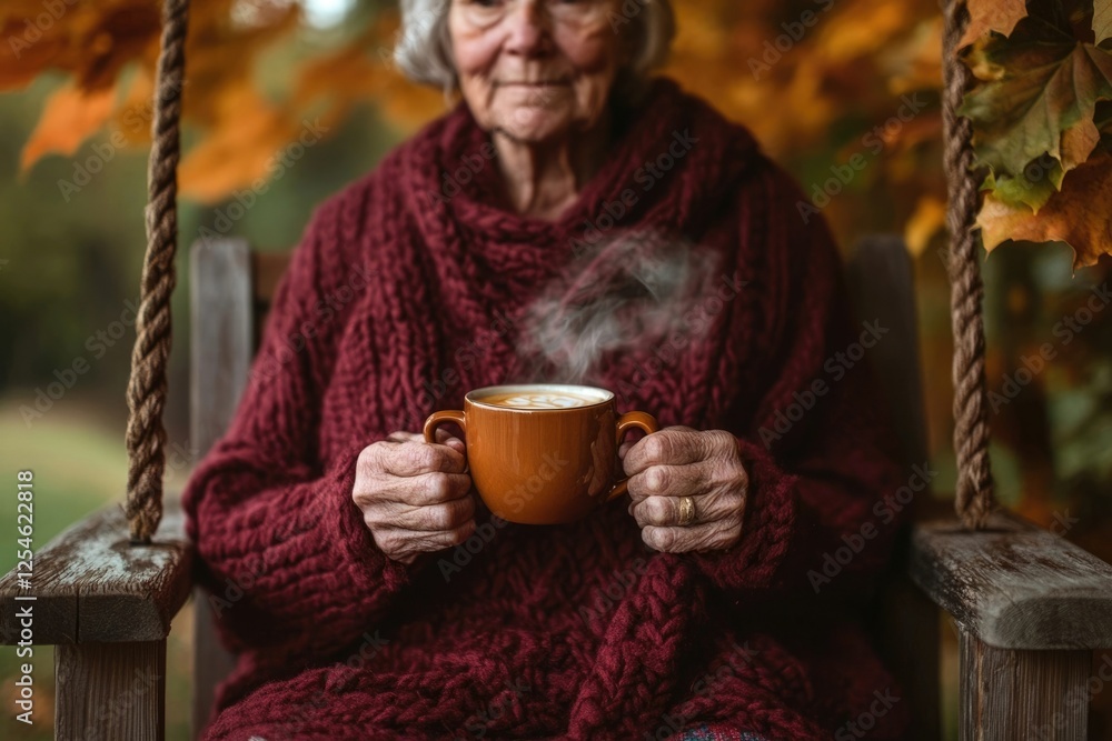 Elderly woman in a red sweater enjoys a warm drink on a porch swing during autumn. Elderly woman in a red sweater enjoys a warm drink on a porch swing during autumn.