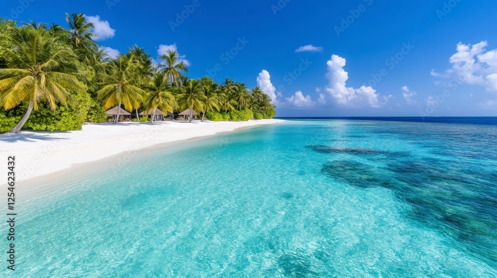 Fototapeta premium Tranquil beach scene, vibrant blue water meeting white sand, lush palm trees line the shore, bright blue sky with scattered clouds, idyllic vacation