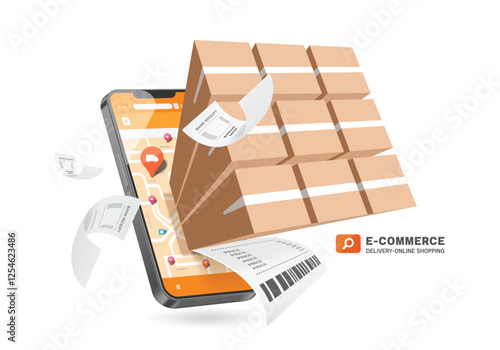 Parcel box or cardboard box, receipt paper placed on GPS map on smartphone screen after customer confirmation online order, vector 3d illustration isolated for delivery, online shopping, E-commerce