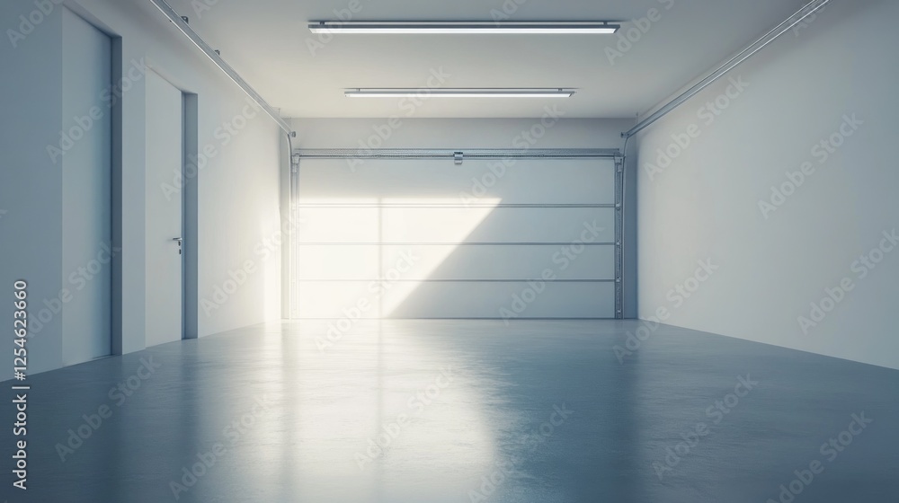 Sunlight in empty modern garage, door open. Real estate listing Sunlight in empty modern garage, door open. Real estate listing