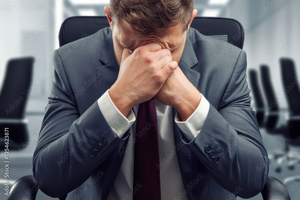 A man in office attire shriveled up on a chair, representing the toll of high-pressure environments A man in office attire shriveled up on a chair, representing the toll of high-pressure environments