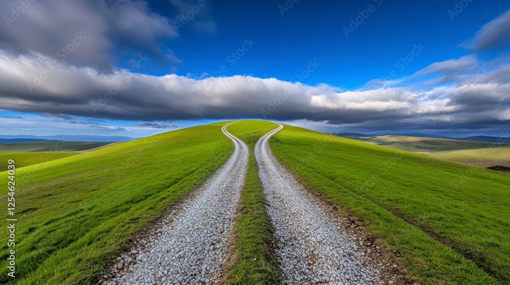 Two diverging paths on a grassy hilltop under a partly cloudy sky, showcasing a natural landscape with a sense of open space Two diverging paths on a grassy hilltop under a partly cloudy sky, showcasing a natural landscape with a sense of open space