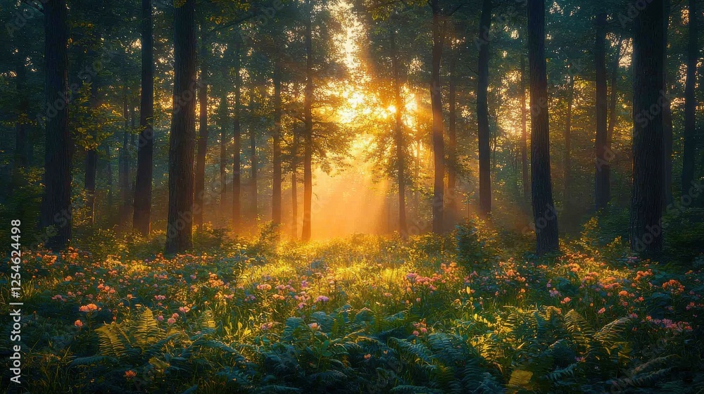 Fototapeta premium Sunlit Forest Path with Blooming Flowers