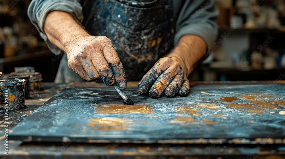 Artist Working with Paint and Brush on a Wooden Surface. Generative AI Artist Working with Paint and Brush on a Wooden Surface. Generative AI