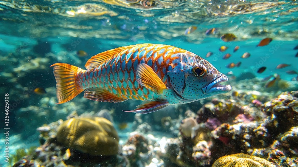 Fototapeta premium Vibrant underwater scene featuring a colorful fish swimming over a coral reef teeming with life