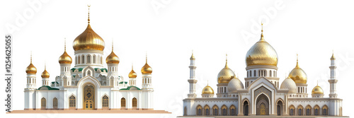 Set of a traditional Islamic mosque silhouette with golden domes, isolated on a transparent background.