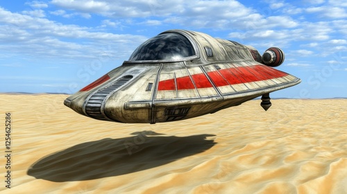 Wallpaper Mural Digital rendering of a vintage style spacecraft, hovering over a sandy desert landscape, featuring a light beige and cream color scheme, with red Torontodigital.ca