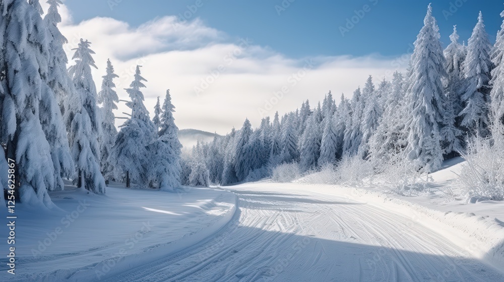 Fototapeta premium Serene Winter Landscape with Snow-Covered Trees and Clear Blue Sky in Alpine Region Ideal for Downhill Skiing and Outdoor Adventures