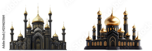 Set of a traditional Islamic mosque silhouette with golden domes, isolated on a transparent background.