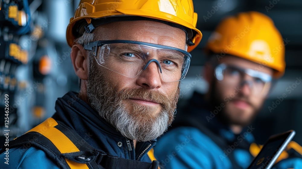 Fototapeta premium Senior Experienced Electrician Demonstrating and Explaining Electrical Circuit Wiring and Components to His Coworker Team on an Industrial Construction Site