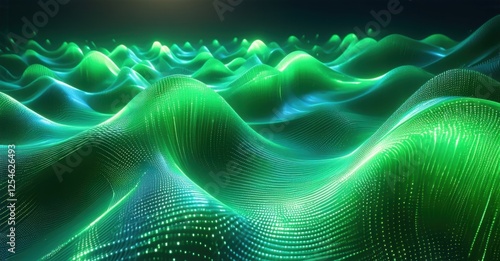 Glowing emerald waves forming a pulsating energy field, undulating with a hypnotic rhythm, illuminated by countless micro-lights, creating a futuristic and fluid landscape photo