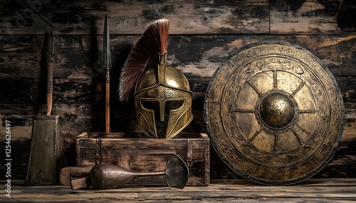 Ancient spartan warrior equipment displayed against a wooden background