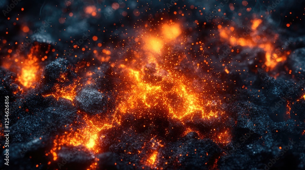 Glowing lava flow with sparks and ash creating a dramatic volcanic landscape at night Glowing lava flow with sparks and ash creating a dramatic volcanic landscape at night