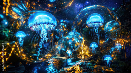Ethereal underwater scene with glowing jellyfish floating in magical bubbles amidst a night sky