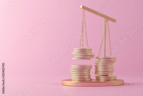 Wallpaper Mural A golden balance scale holds stacks of coins against a soft pink background, symbolizing wealth, equity, and financial balance. Torontodigital.ca
