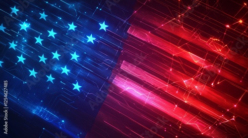An abstract American flag with glowing neon stripes and pixelated stars, symbolizing AI technology digital