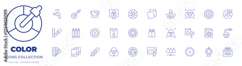 Color icons collection. Thin Line icons, editable stroke. color wheel, colorant, pipette, car painting, color picker, design, eyedropper, marker, paint bucket, pantone, rgb print, paper, rgb