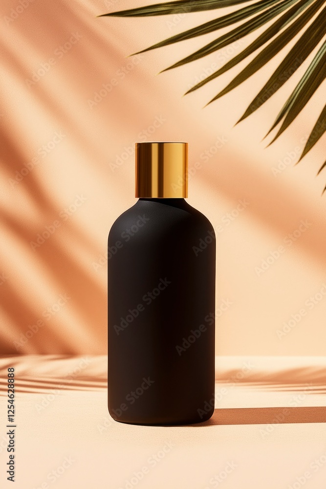 Black bottle with golden cap on warm background with palm leaf shadows for spa Black bottle with golden cap on warm background with palm leaf shadows for spa