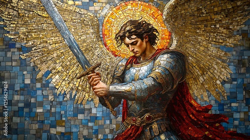 A heavenly Byzantine mosaic illustrating Saint Michael crushing Satan under his foot, intricate gold tesserae forming angelic patterns above,