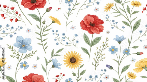 Wallpaper Mural Floral Meadow Seamless Pattern: A vibrant and cheerful seamless pattern featuring red poppies, yellow sunflowers, and delicate blue wildflowers. Torontodigital.ca