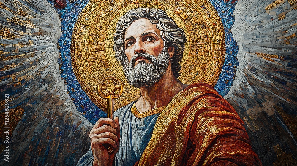 Naklejka premium A heavenly Byzantine mosaic illustrating Saint Peter, standing before the gates of heaven, keys glowing in his hands, intricate gold tesserae forming angelic patterns above,