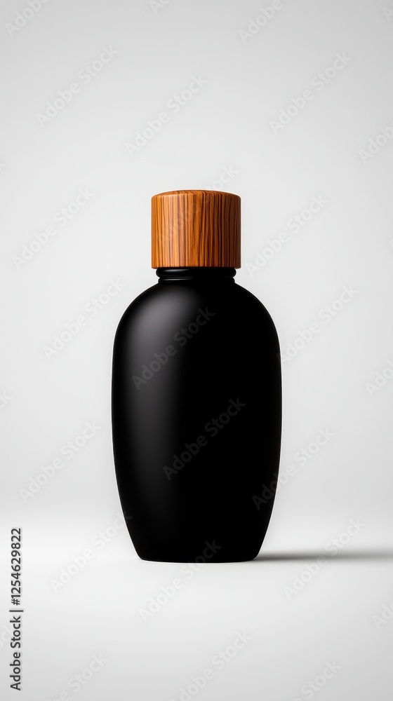 Stylish black bottle with a wooden cap, perfect for promoting eco-friendly products and upscale beverages. Stylish black bottle with a wooden cap, perfect for promoting eco-friendly products and upscale beverages.