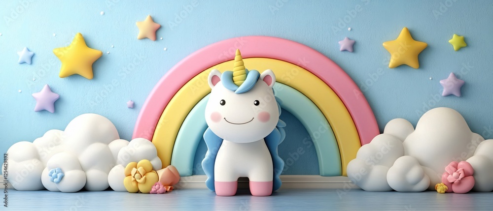 Cute Unicorn with Rainbow and Stars in Pastel Colors for Childrens Room Decor or Party Theme Cute Unicorn with Rainbow and Stars in Pastel Colors for Childrens Room Decor or Party Theme