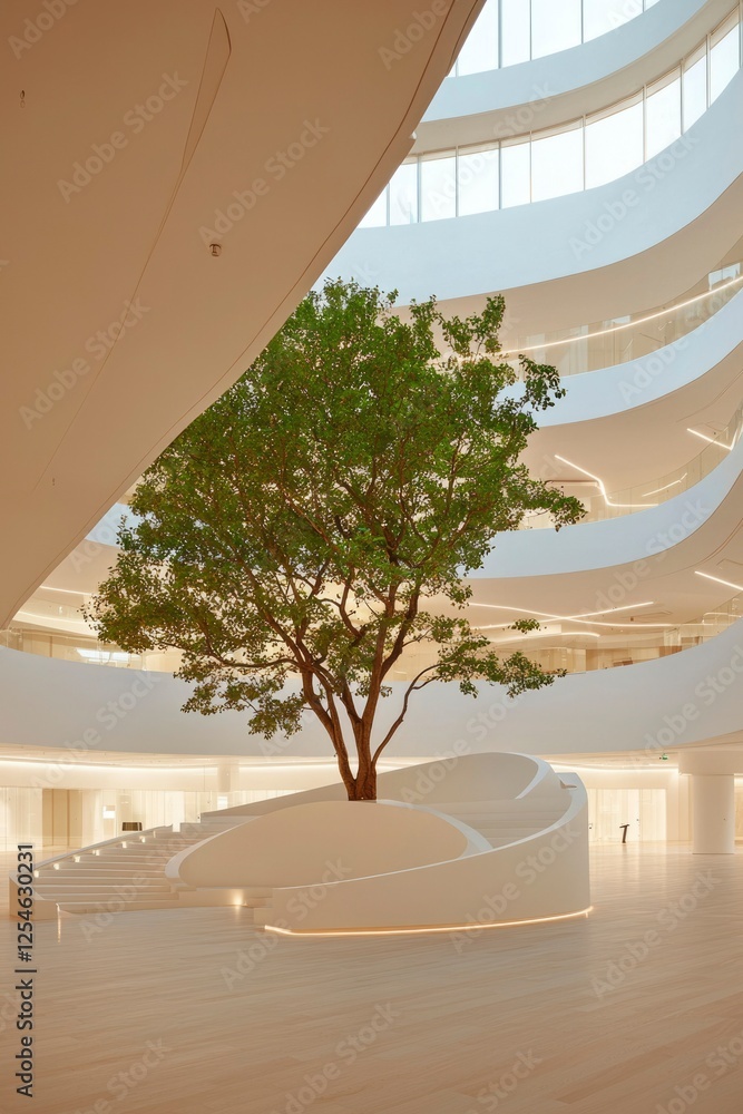 Fototapeta premium Tree in Modern Architecture A tranquil scene in a contemporary building