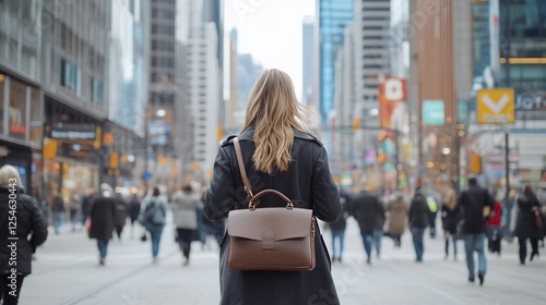 Woman walking city street, busy background, commute