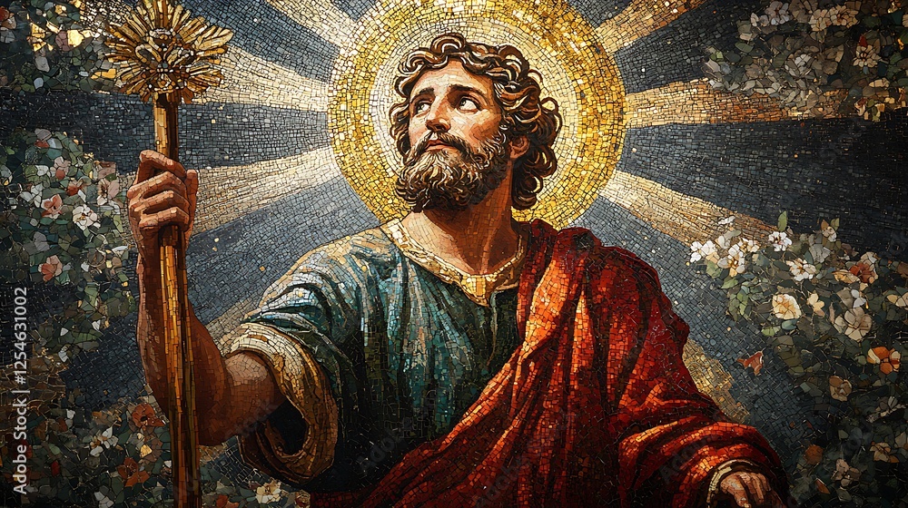 Obraz premium A magnificent Catholic mosaic of Saint Christopher holding onto his wooden staff, stepping forward as Christ raises His hand in blessing, intricate tesserae forming a glowing golden halo,