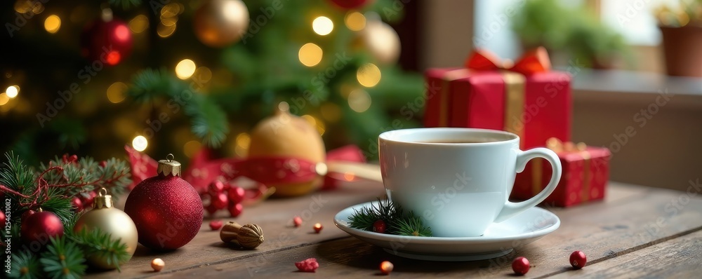 Fototapeta premium Christmas tree table with white coffee mug and festive decor, garlands, cozy, presents