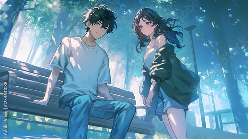 The anime depicts an adult man with black hair, wearing dark gray , sitting on a bench next to his beautiful female friend in casual, Generative AI