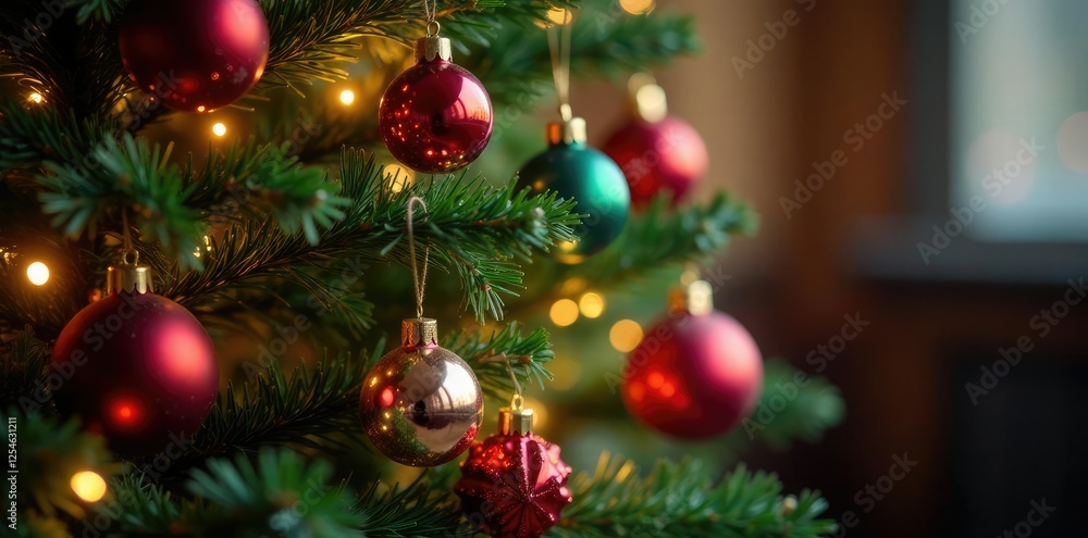 Fototapeta premium Christmas tree with colorful ornaments and garlands, festive decoration, warm glow