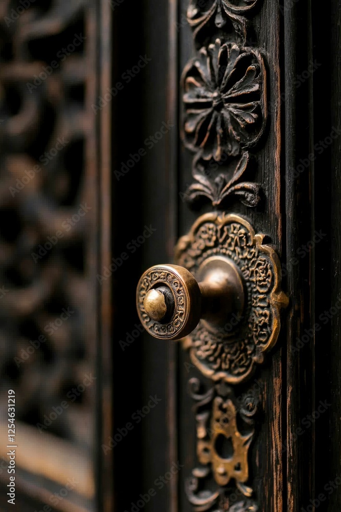 Ornate antique door handle closeup, abstract detail, security, vintage building Ornate antique door handle closeup, abstract detail, security, vintage building
